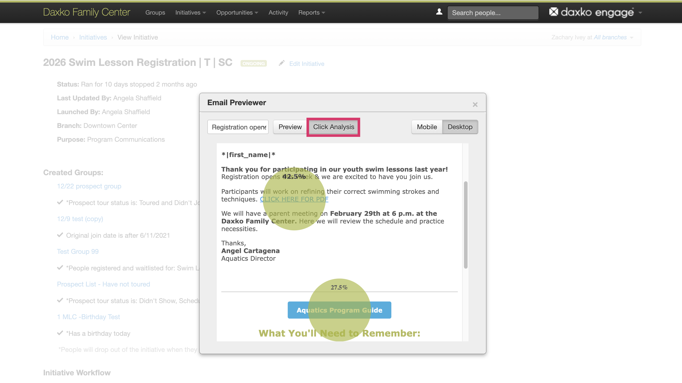 DAXKO ENGAGE: Viewing Emails in Browser + Email Click Analysis Heat Map